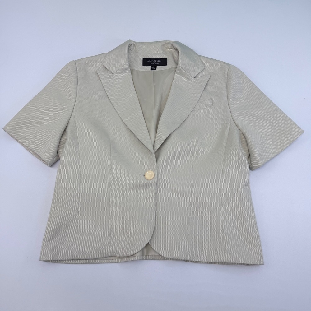 Signature by Larry Levine Womens Cream Textured Short Sleeve Blazer Jacket 14